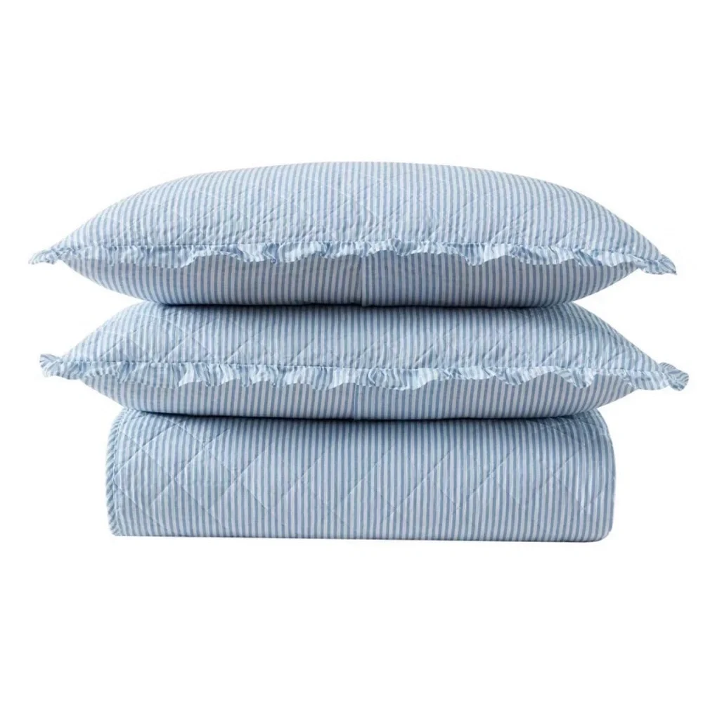 Laura Ashley Light Blue Oxford Striped Quilted Full/Queen Bedding Set ~ NWT
